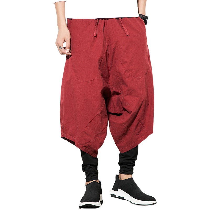 Comercio exterior 2022 verano estilo chino de los hombres de algodón y lino de bajo grado pantalones holgados pantalones grandes de la pierna de la moda de color sólido harén pantalones cortos