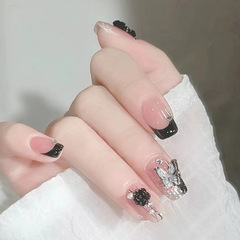 High-end sense wearing rhinestone camellia butterfly design French flash medium-length false nail sheets wholesale