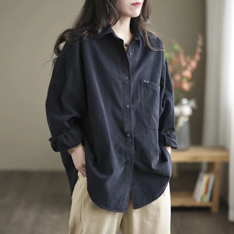 细密灯芯绒长袖翻领衬衫女宽松外套上衣|undefined