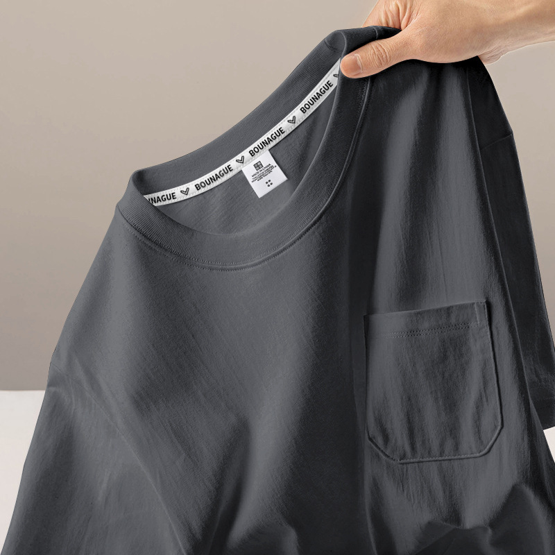 日系220G重ポンドポケットtシャツ男性夏レトロ純綿半袖カーディガン丸襟ゆるい純色半袖|undefined