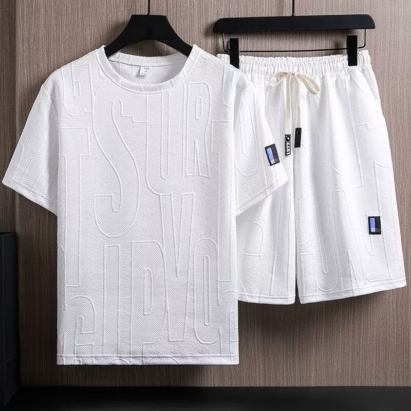2025 suit Men's Summer New Hong Kong Style Loose plus size Jacquard Short-sleeved Half-length Pants Set of Solid Color Printed All-match