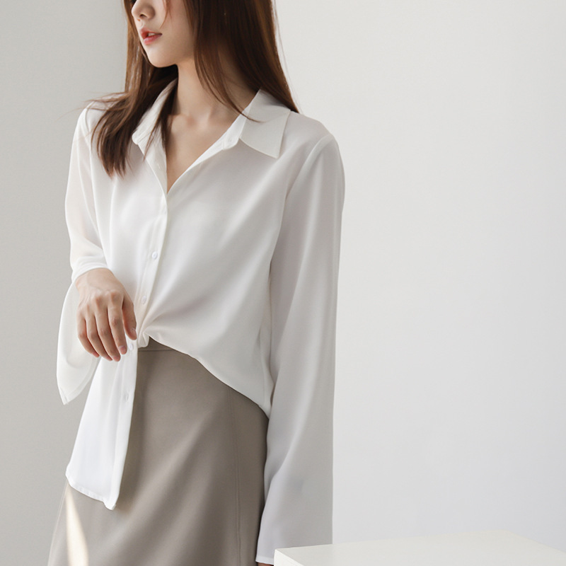Chiffon Long Sleeve Shirt Women's 2022 Spring And Autumn Lazy Loose Shirt Flared Sleeve Fashion Solid Color Shirt Trend
