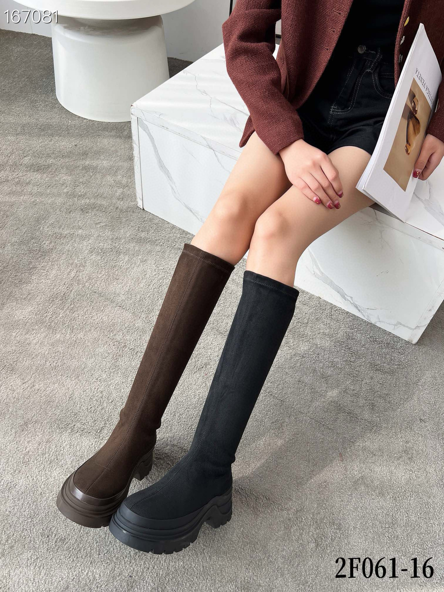 Boot nữ cổ cao ôm bắp chân da mờ mũi tròn gót thấp đàn hồi — Màu đen, Màu cà phê chi tiết 5