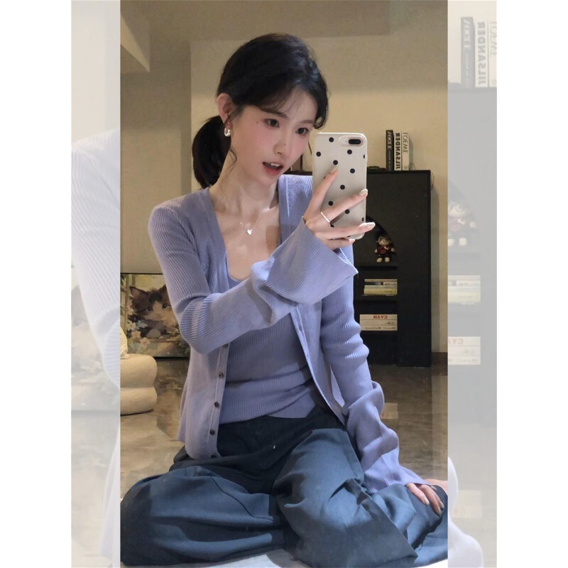 Stunning Early Autumn Korean Style Chic Unique Purple Knit Cardigan Jacket and Camisole Two-Piece Set for Women