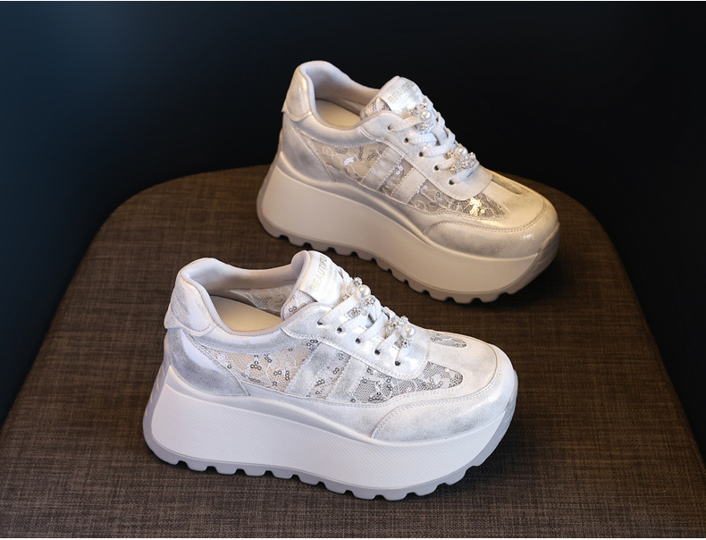 Giày sneaker nữ chunky đế dày lưới thoáng khí tăng chiều cao phong cách cổ điển — màu be chi tiết 5