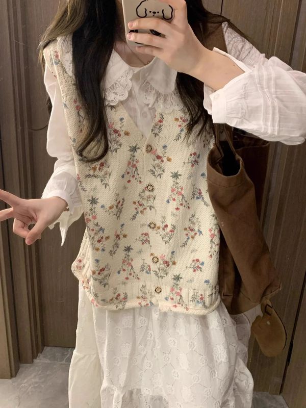 早秋装搭配一整套小个子穿搭碎花马甲衬衫半身裙子两件套装女秋季|undefined