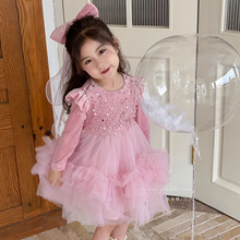 女童秋季连衣裙新款2025小女孩洋气可爱泡泡袖亮片网纱蓬蓬蛋糕裙
