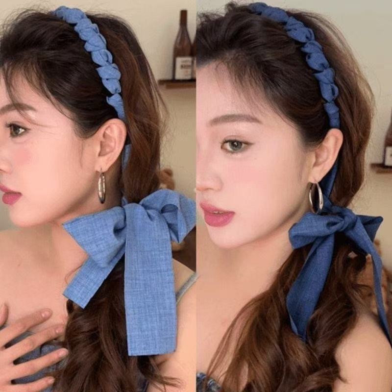 新しい夏の涼しいデニムリボンヘッドバンド、甘くてスパイシーでガーリーな、高頭頂、総歯付きコーム、編み込みヘッドバンド|undefined