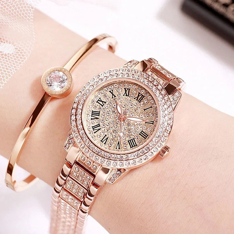 Full Diamond Roman Numeral Women's Watch Rose Gold Steel Band Watch Student Fashion Hot-Selling Quartz Watch Women's Wholesale