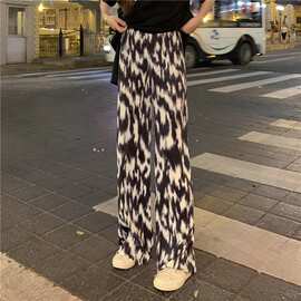 大码女装扎染豹纹百褶裤子女ins新款休闲裤宽松显瘦高腰垂感阔腿
