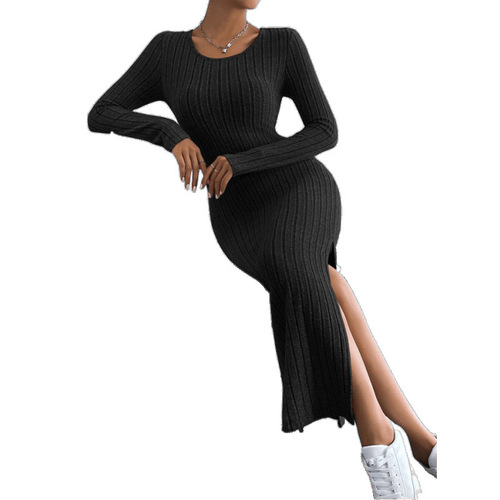 Hot-selling European and American cross-border Amazon 2025 spring/autumn new long-sleeved crewneck split-knit long dress for women