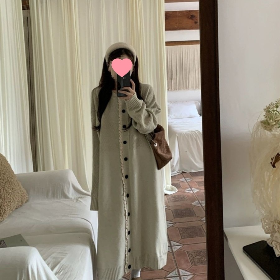 Autumn and Winter Retro Lazy Style Japanese Style Loose Single-Breasted Knitted Dress Plus Size Women's Round Neck Over-The-Knee Long Skirt