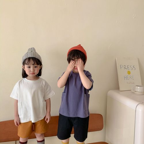  new summer Korean style casual boys and girls pocket short-sleeved T-shirt solid color casual baby T-shirt loose