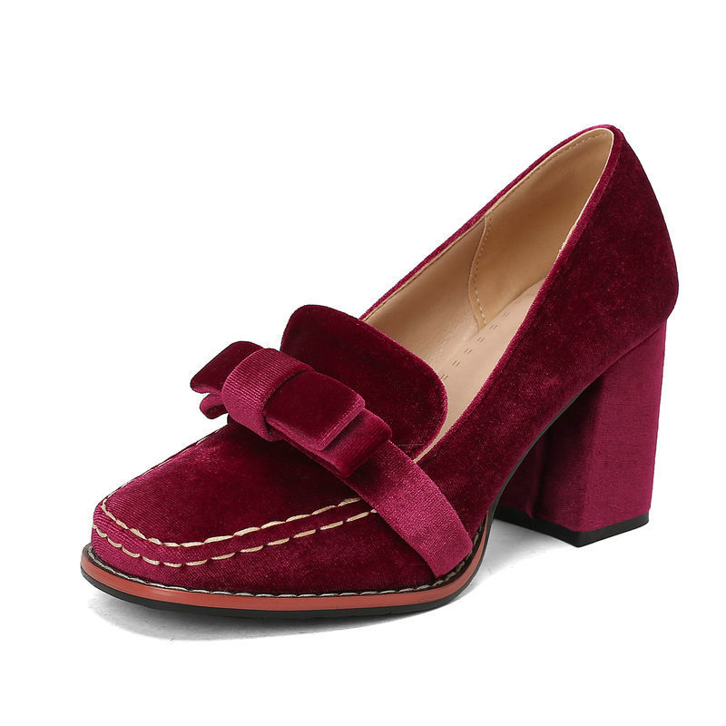 Gold Velvet Fabric Women's High Heels Square Toe Thick Sole Thick Heel High Heels Cute Bow Slip-On Sweet Women's High Heels