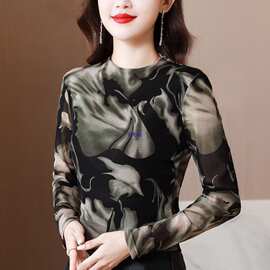 中风印花网纱打底衫女春秋冬装长袖修身内搭上衣