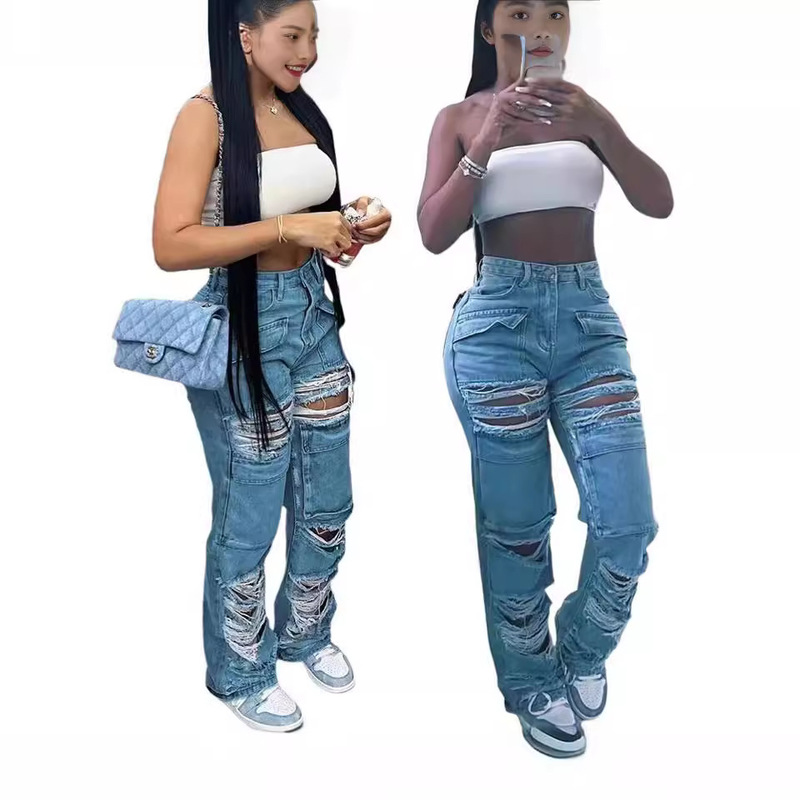 European and American Clothing Amazon Spring and Summer New Casual Denim Trousers in Stock Independent Station Popular Ripped Jeans