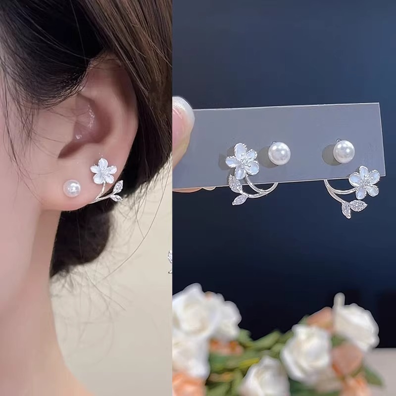 女性用フレンチロマンチックフラワーパールイヤリング、軽い贅沢、ハイエンド、気質、雰囲気のあるイヤリング、シンプルな気質、多用途イヤリング|undefined