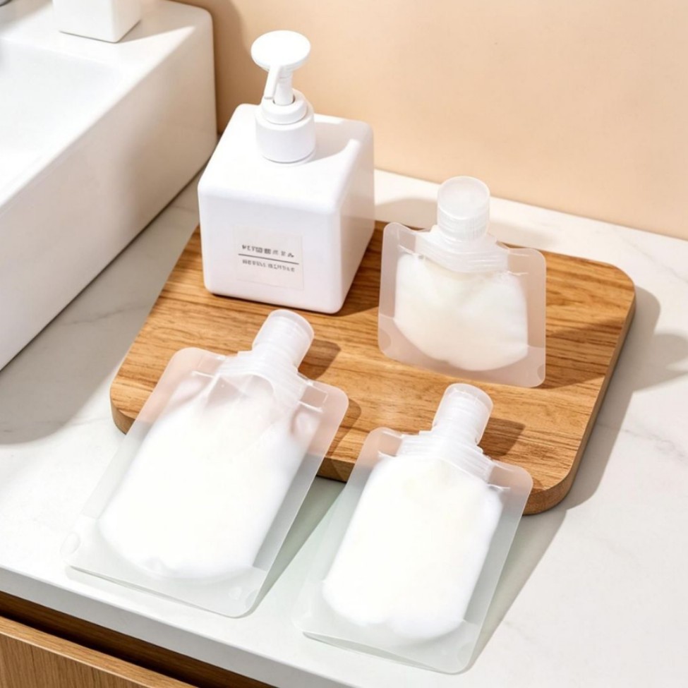 Bolsas de viaje rellenables, bolsas de cosméticos portátiles con boquillas de succión, limpiador facial, gel de ducha, loción, bolsas selladas al por mayor.