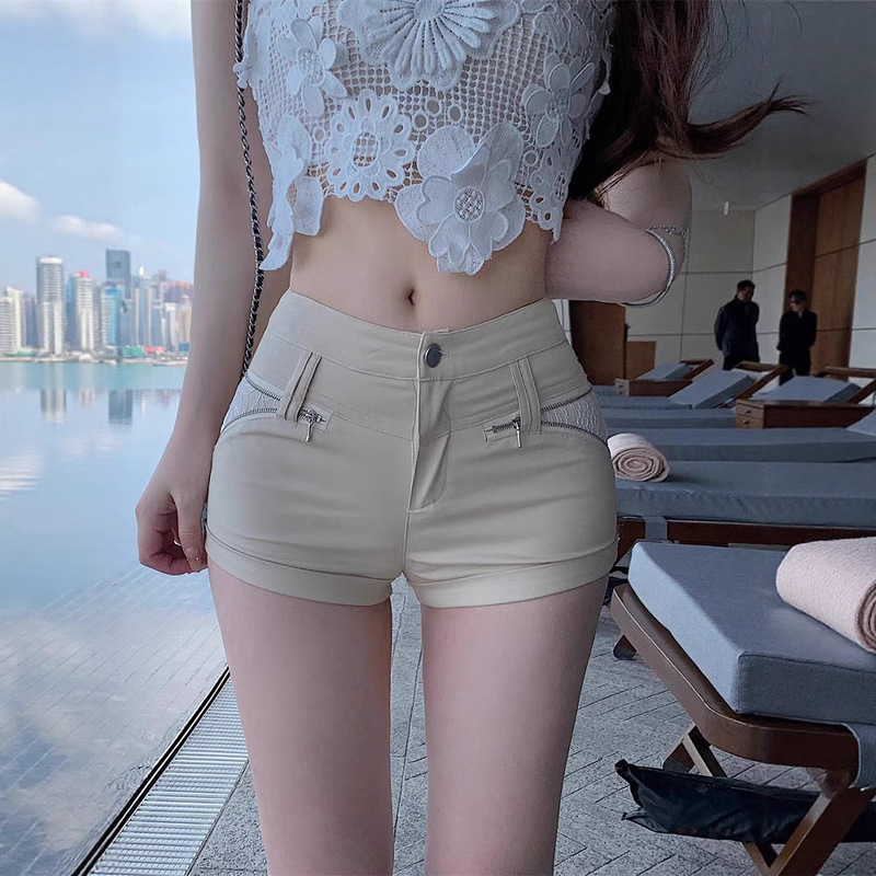 Kikmy [Fatal Waist Hip] Super Love Milk Tea Color Metal Decoration Stitching Lace Denim Shorts Women's Summer