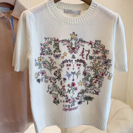 深圳南油高端女装欧货莫奈花园花卉羊毛短袖毛衣上衣