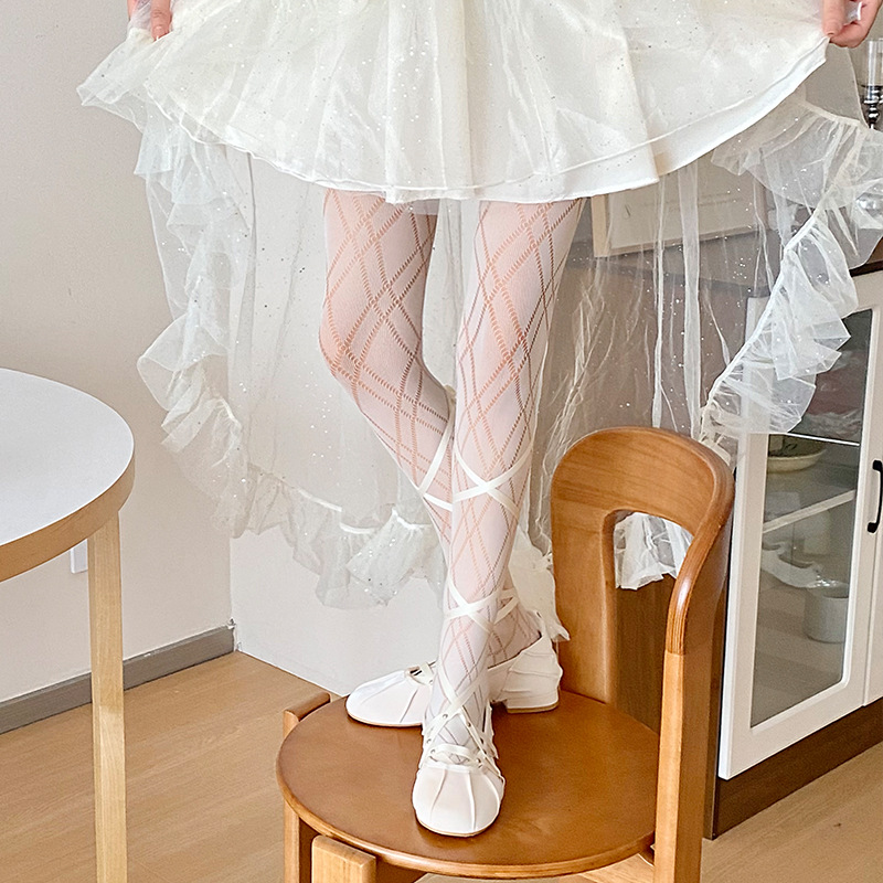 Medias de tela escocesa en forma de diamante blanco pantimedias de seda negra delgada para mujer Lolita pure deseo estilo pantyhose pierna-formando bottoming fishnet calcetines