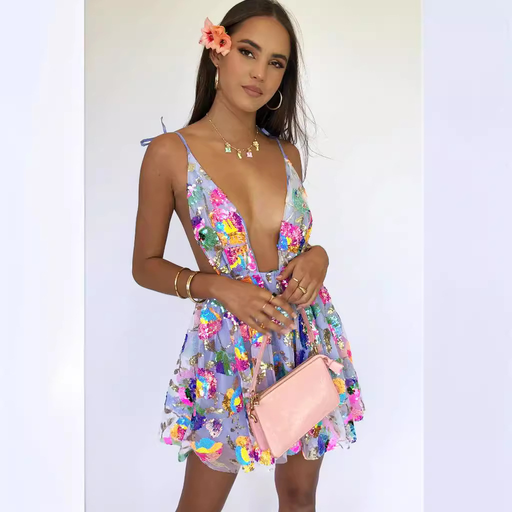 2023 Foreign Trade Cross-Border Hot Selling Item on Amazon: Sexy Deep V Backless Sequined Floral Tie-Waist Women's Short Dress