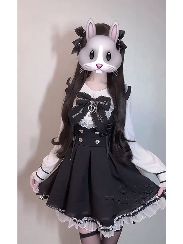 少女感减龄学院风拼接长袖连衣裙重工木耳边短裙秋季显瘦两件套装|undefined