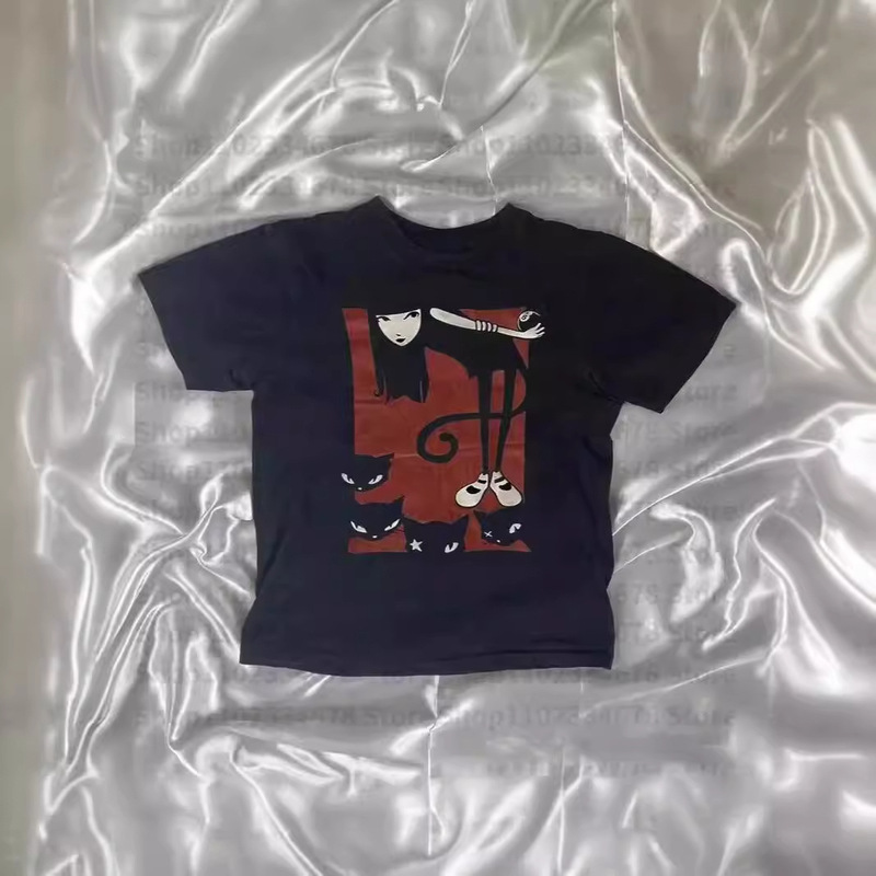 Y2k Summer American Retro Spice Girl Original Emily and Her Four Black Cats Short Sleeve Middle Subculture Japanese T