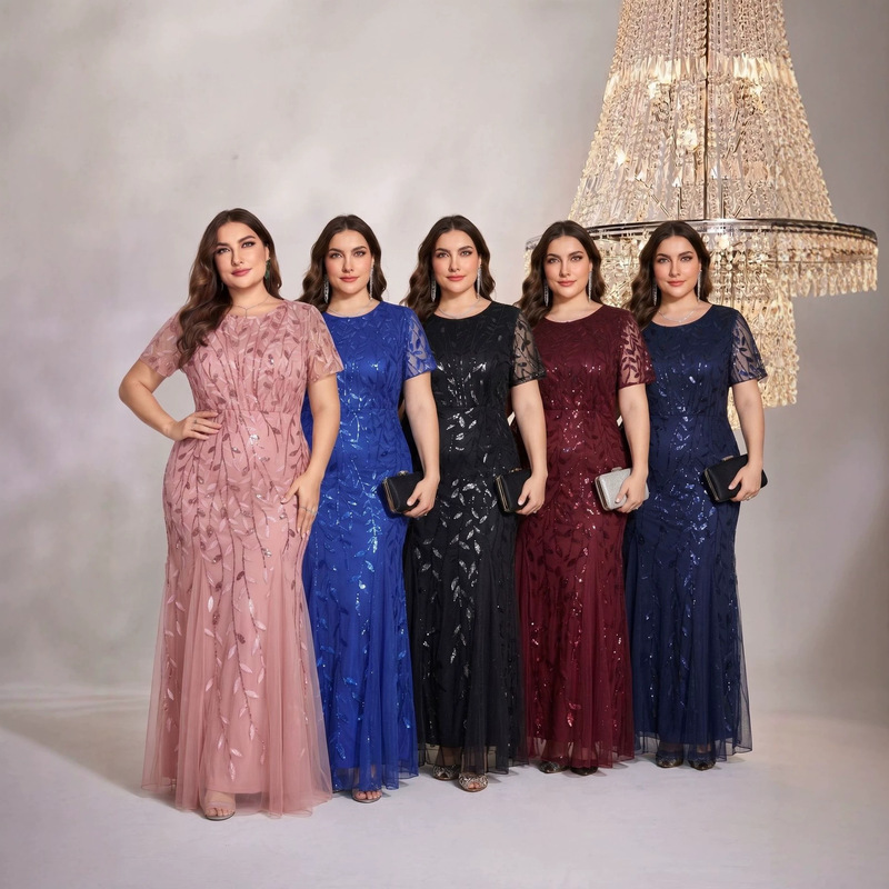 Cross-Border Plus-Size Women's Clothing, European and American Style V-Neck Long-Sleeve Slit Sequin Elegant Dress for Plus-Size Bridesmaids, Slim-Fit Dress