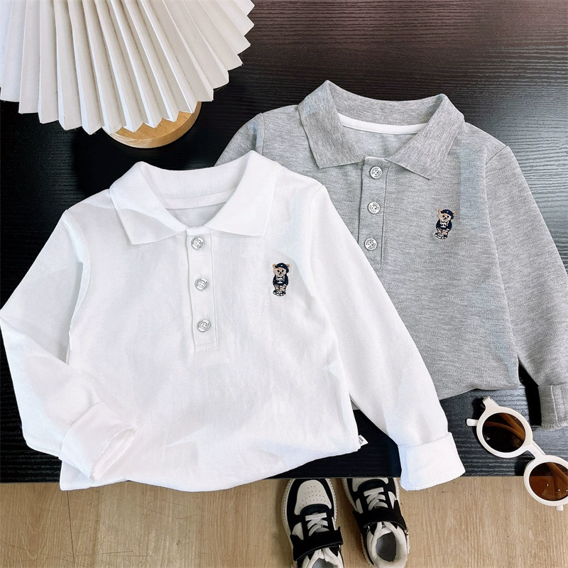 Рубашка-поло для мальчиков, футболка с длинными рукавами, весенне-осенняя детская одежда, детская нижняя рубашка, топ, белый модный цельный комплект, Прямая доставка