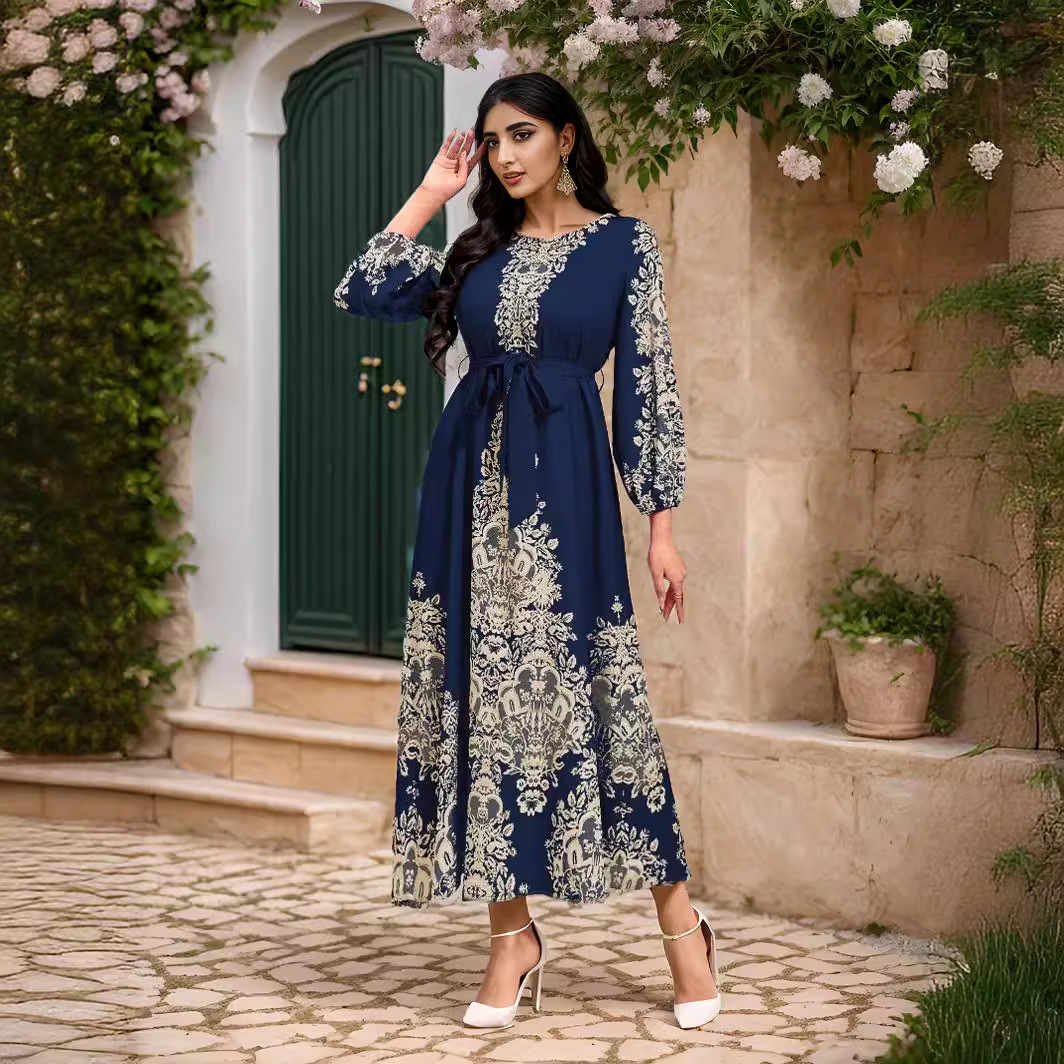 M23 Arabic-style Waist-cinching Printed Dress, Popular Item On Independent E-commerce Sites, Middle Eastern Foreign_ecoleips.com