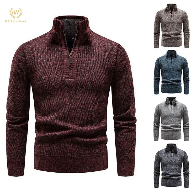 2024 Foreign Trade Sweater Half Zipper Shirt Men's fleece-lined Thickened Coat Solid Color Knitted Sweater plus size Sweater