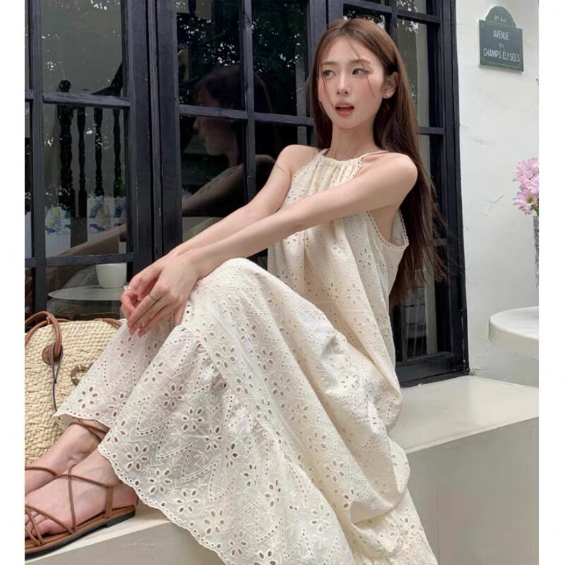 Cross-border French retro halter dress women's summer careful machine hollow loose A- line dress long skirt wholesale