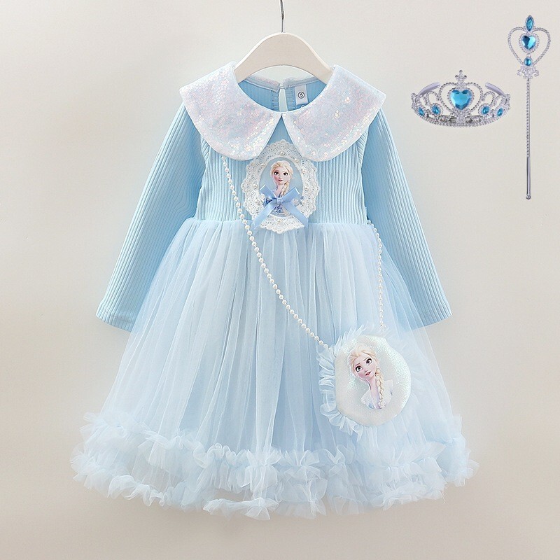 Girls Elsa Princess Dress Spring and Autumn 2025 New Long Sleeve Love Yarn Puff Dress Children's Style Cake Dress
