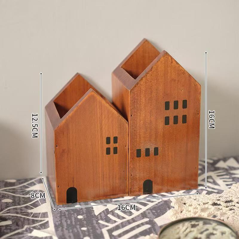 Casa de madera modelada lápiz de escritorio cepillo de maquillaje almacena lápiz cepillo papelería lápiz cepillo cartucho decoración ornamentos