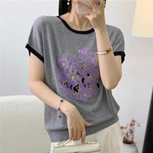 时尚妈妈印花短袖冰丝针织衫T恤夏装新款洋气宽松小衫中老年上衣