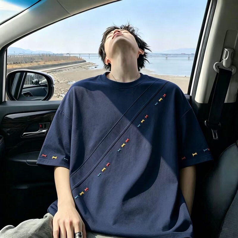【Embroidery Craftsmanship】American-style men's short-sleeve t-shirt, summer cool and stylish, with patchwork design