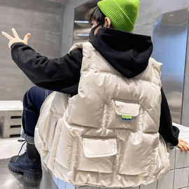 2023新款秋冬季大童男孩外套儿童羽绒棉马甲外套黑色立领男童马夹