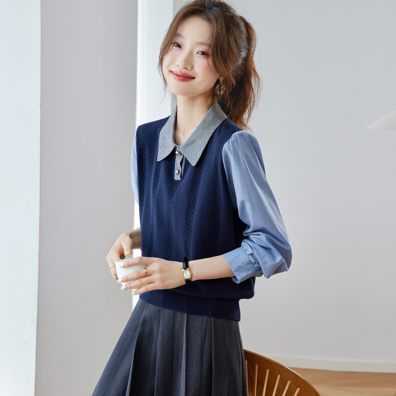 polo领针织衫女毛衣2025秋季内搭宽松打底衫假两件衬衫拼接上衣|undefined