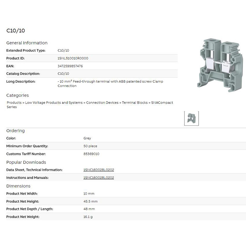 ABB/TE 螺钉接线端子C10/10 C10/10.P C10/10.N