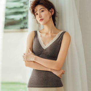 秋冬保暖背心女内搭外穿蕾丝带胸垫V领修身免穿文胸打底背心批发