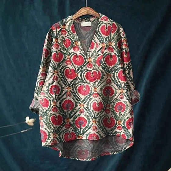 Autumn New Style Collarless Long-Sleeve Women's Shirt, V-Neck Long Sweatshirt with Ocean Elements, Casual Shirt