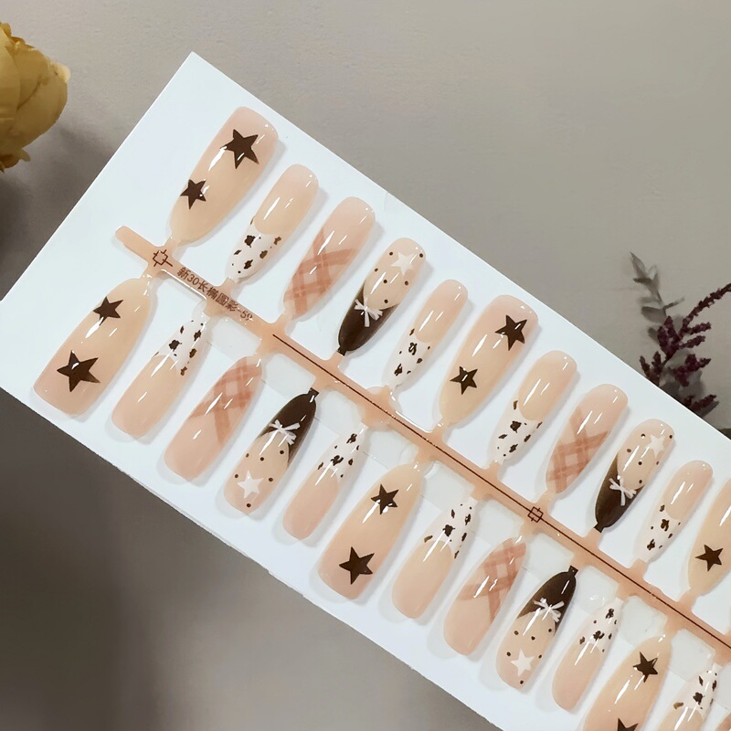 S309-预制甲成品穿戴甲初秋奶茶色系豹纹法式温柔菱格可拆卸甲片|undefined