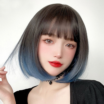 Wig female short bobo omber hair cover drama cosplay photos shooting wig black gradient haze blue head full cover for women