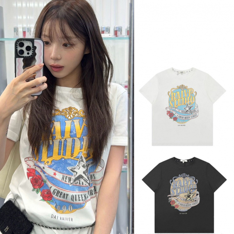 Korean Niche Fashion Brand Raiv* Sound Wave T-Shirt Summer Retro Rose Print Korean Style Women's Summer Loose Short-Sleeved Top Korean Niche Fashion Brand Raiv* Sound Wave T-Shirt Summer Retro Rose Print Korean Style Women's Summer Loose Short-Sleeved Top