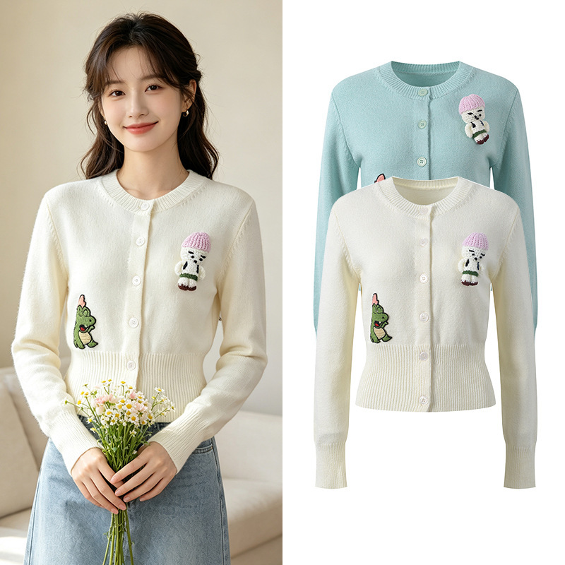 2026 Autumn New Cartoon Crocodile Pattern Hand-Crocheted Three-Dimensional Decorative Round-Neck Waist-Cinching Knit Cardigan Top 2026 Autumn New Cartoon Crocodile Pattern Hand-Crocheted Three-Dimensional Decorative Round-Neck Waist-Cinching Knit Cardigan Top