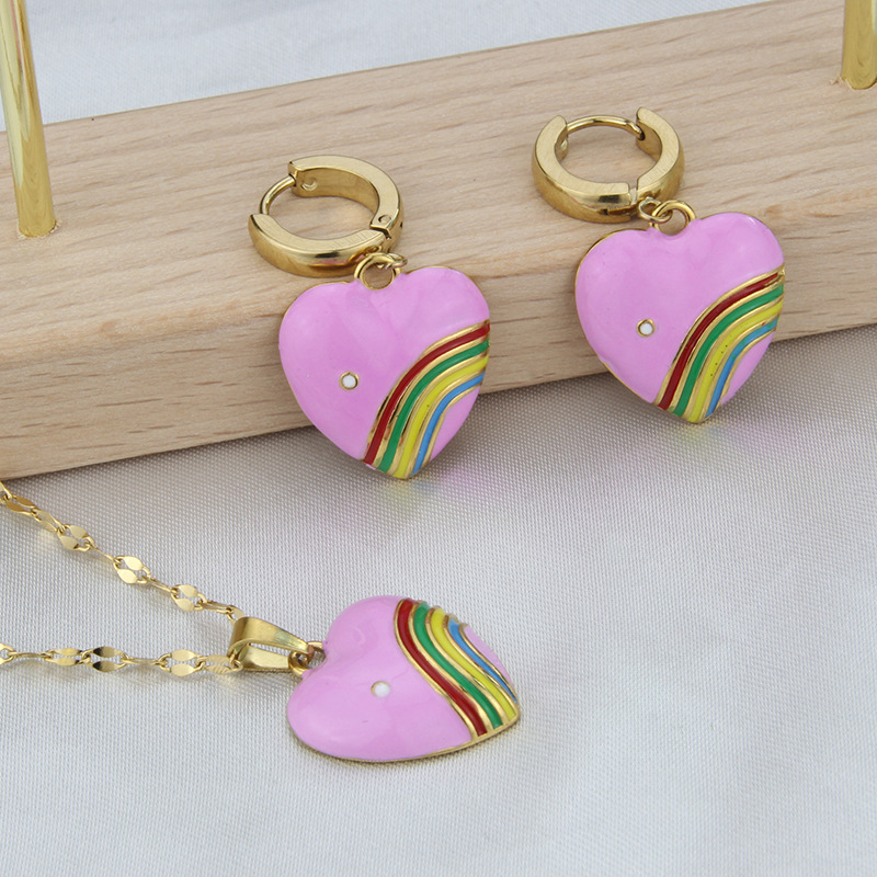 Fashion Rainbow Heart Shape Titanium Steel Earrings Necklace Splicing Stainless Steel Necklaces