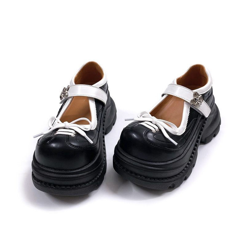 [in Stock] Black and White Color-Block Mary Jane Shoes Spring/Summer College Style Thick-Soled Height-Increasing Fashion Women's Shoes