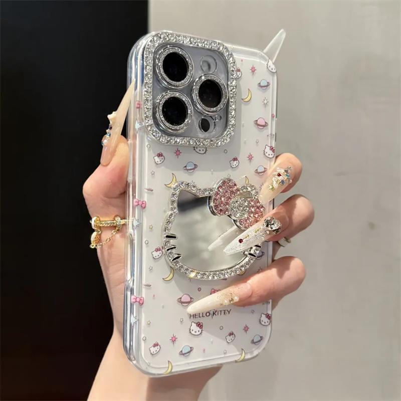镶钻kitty猫镜子适用苹果16promax手机壳新款iPhone15Pro高级14pl|undefined
