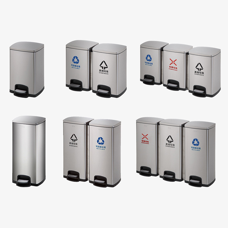 Stainless steel garbage sorting trash can commercial kitchen with lid foot step dry and wet large public garbage can